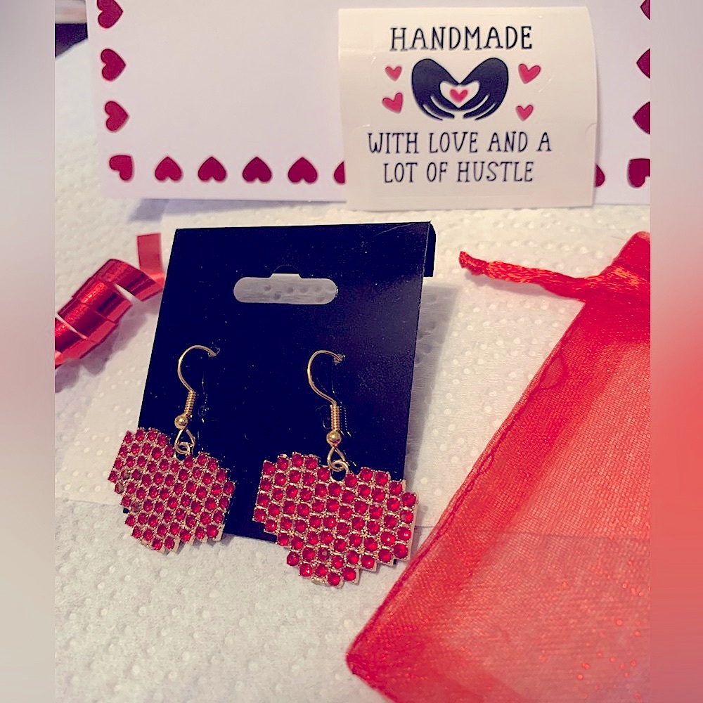 Heart Dangle Earrings Rhinestone Crystal Red Handmade Gift Love Valentines NEW - Picture 8 of 11